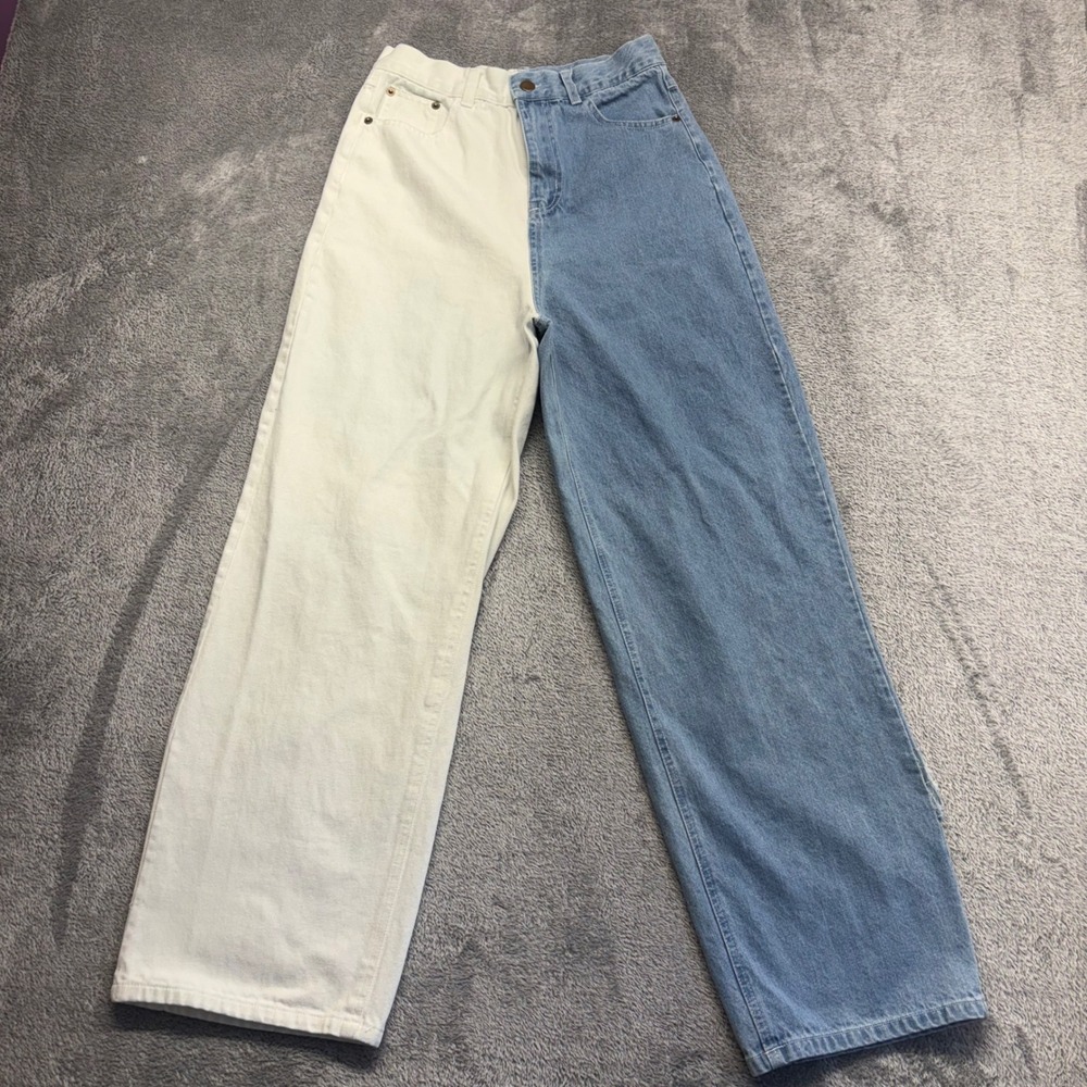 Shekou Wide Leg Jeans Womens Medium Blue White Good Two Tone Split Zip Fly 552
